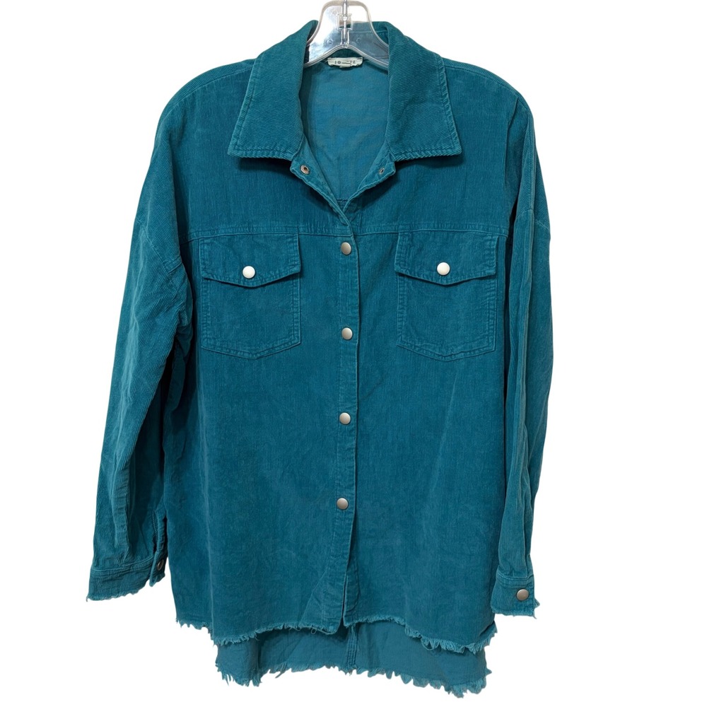 Jodifl Teal Blue Corduroy Shacket Raw Hem Oversized Button Down Shirt Small